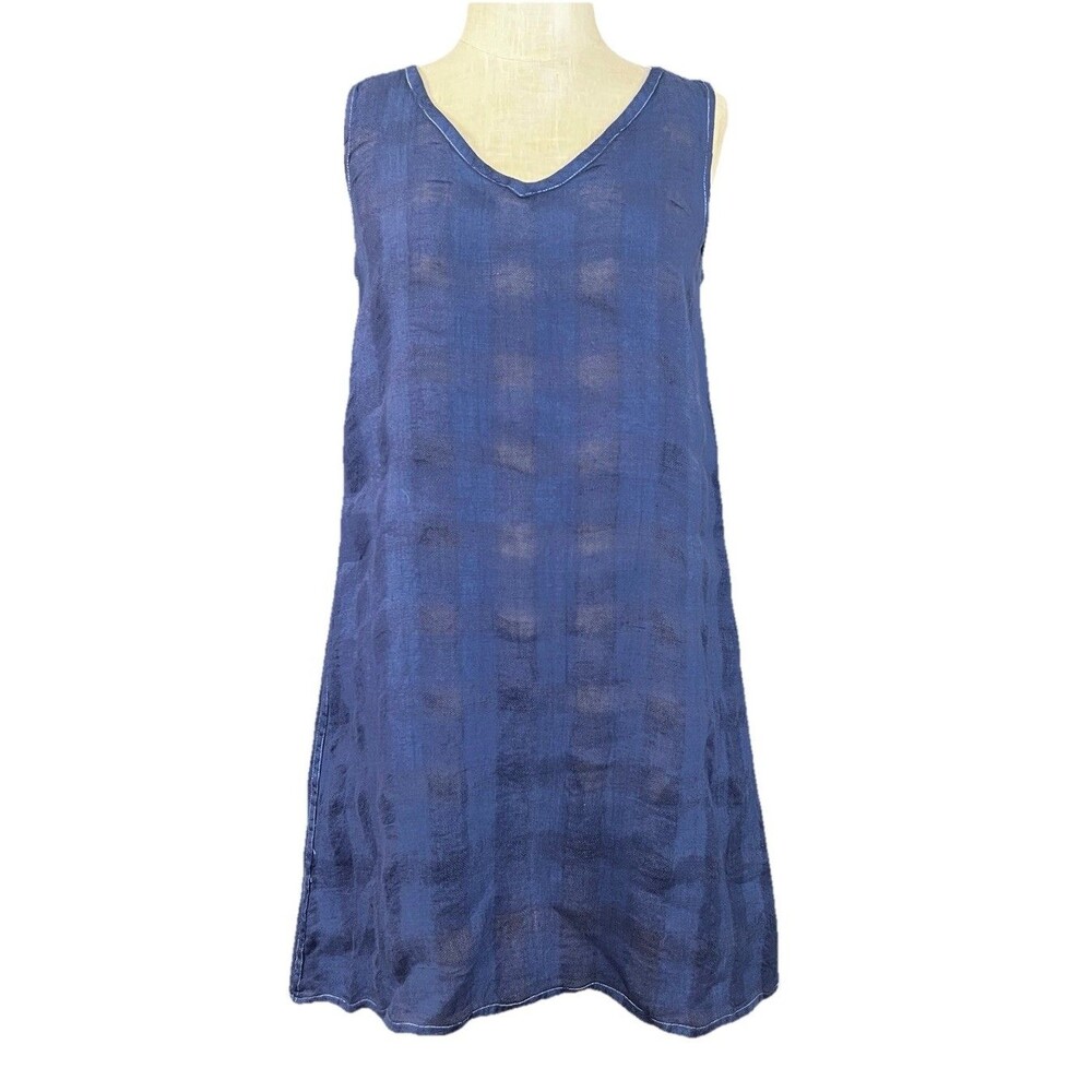 FLAX  Linen Dress Blue Textured Sleeveless Tunic Minimalist Coastal Size P 4-6